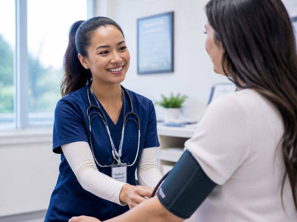 Medical assistant taking a patient's blood pressure in a clinic